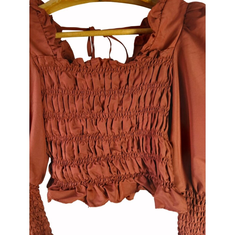 Milk Honey Smocked Rust Orange Shirt Top Size M Puff Sleeve Ruffle Cropped - Picture 3 of 13